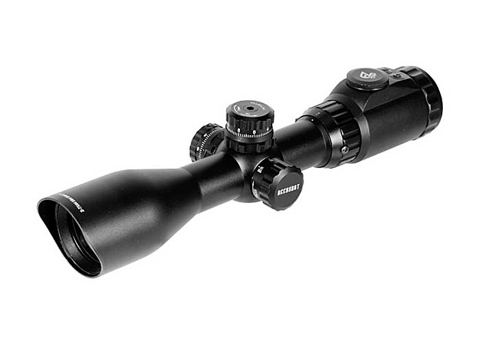 2-7x44 AO Accushot Scout SWAT Rifle Scope, EZ-TAP, Ill. Mil-Dot Reticle, 1/4 MOA, 30mm Tube, Weaver Rings