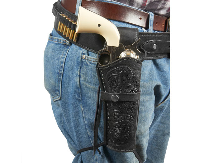 Hand-Tooled Leather Holster, 6", Black, Right Hand