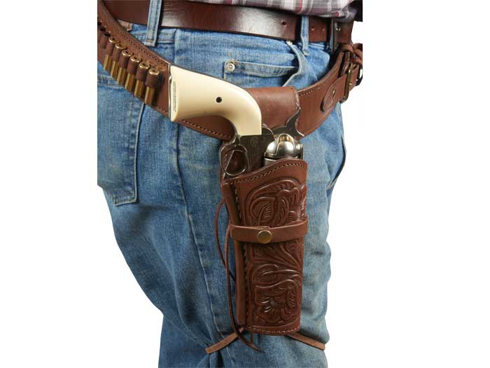 Hand-Tooled Leather Holster, 6", Chocolate, Right Hand