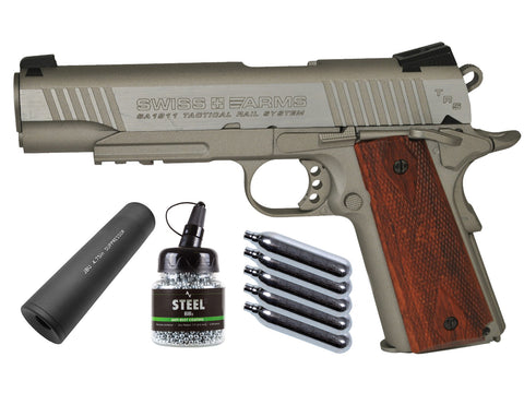 Swiss Arms SA 1911 TRS CO2 BB Pistol with Faux Suppressor, B - Caliber 0.177 - FPS 320