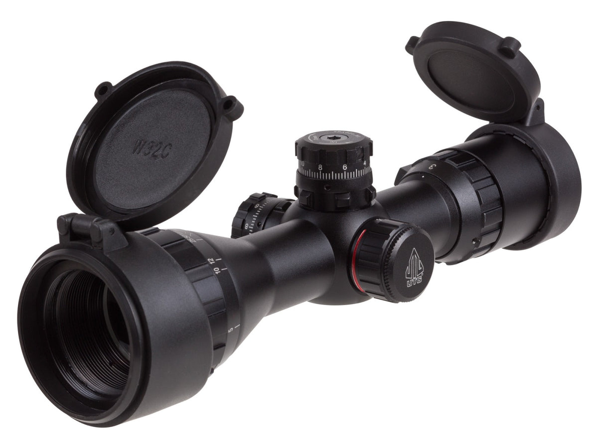 UTG 3-9x32 AO Compact CQB Bug Buster Rifle Scope, Illuminated Mil-Dot Reticle, 1/4 MOA, 1" Tube, Medium Max Strength Lever Lock Weaver Rings