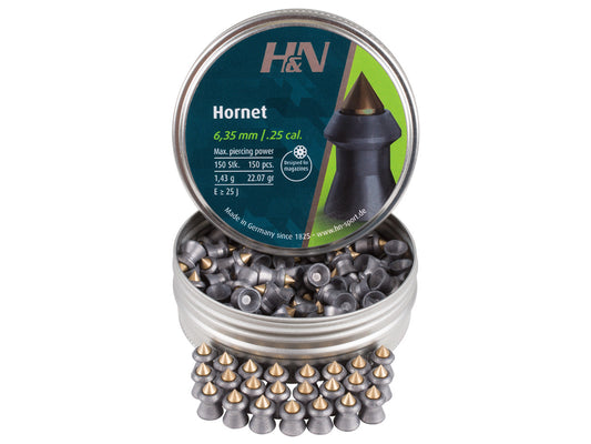 H&N Hornet Pellets, .25 Cal, 24.38 Grains, Pointed, 150ct, Blister Pack - Caliber 0.25