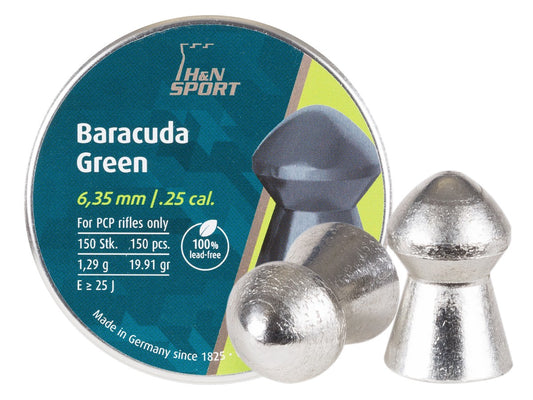 H&N Baracuda Green .25 Cal, 19.91 Grains, Domed, Lead-Free, 150ct - Caliber 0.25