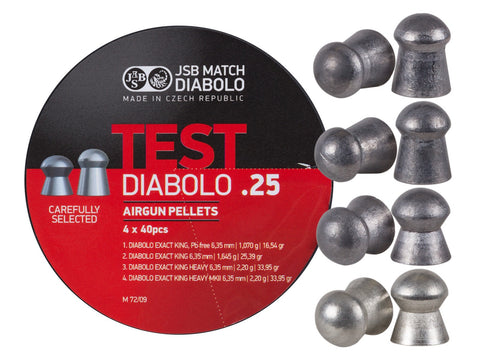 JSB Diabolo Test Pellets, .25 Caliber, Assorted Weights, Round Nose, 160ct - Caliber 0.25