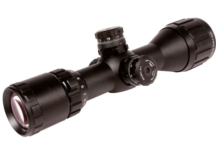 UTG 3-9x32 AO Compact CQB Bug Buster Rifle Scope, Illuminated Mil-Dot Reticle, 1/4 MOA, 1" Tube, Medium Max Strength Lever Lock Weaver Rings